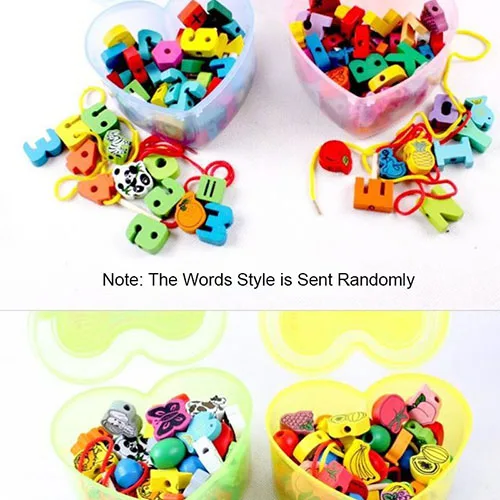 Wooden Heart-Shaped Stringing Game Beads Mixed Animals Fruit Baby Kids Toys Set