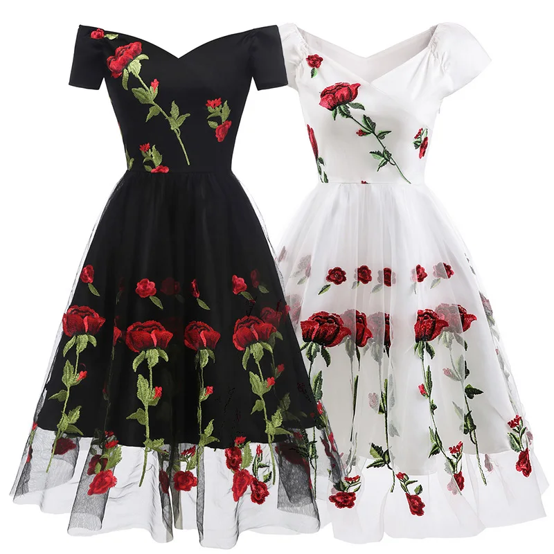 Для женщин вышивка цветами Сетчатое платье 1950 s винтажное свободное платье с открытыми плечами с короткими рукавами ТРАПЕЦИЕВИДНОЕ вечернее платье женские платья