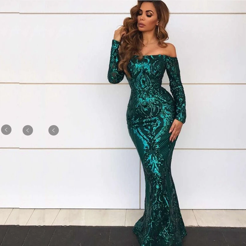 

2018 New Arrival Long Maxi extra large Fashion Long Sleeve Green Gold Sequin Mesh Dress Evening Celebrity Party Vestidos Festa