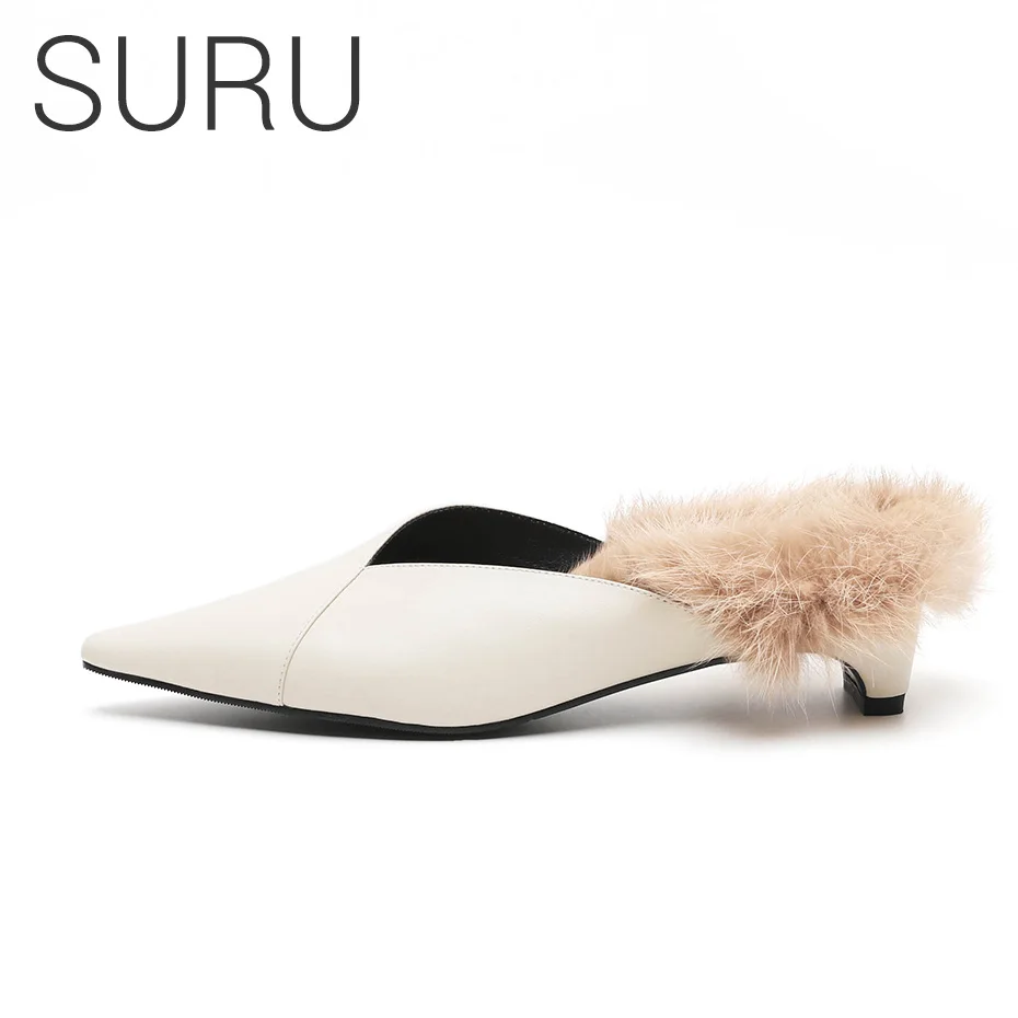 

SURU Casual Slipper Women Soft Winter Plush Slippers Slip Kitten Heels Leather Mules Shoes Female Slipper for Home