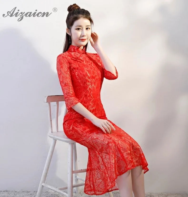 Модные Розовые Длинные Cheongsam с русалочкой современные тонкие элегантные Qi Pao Женские китайские традиционные платья оригинальные вечерние