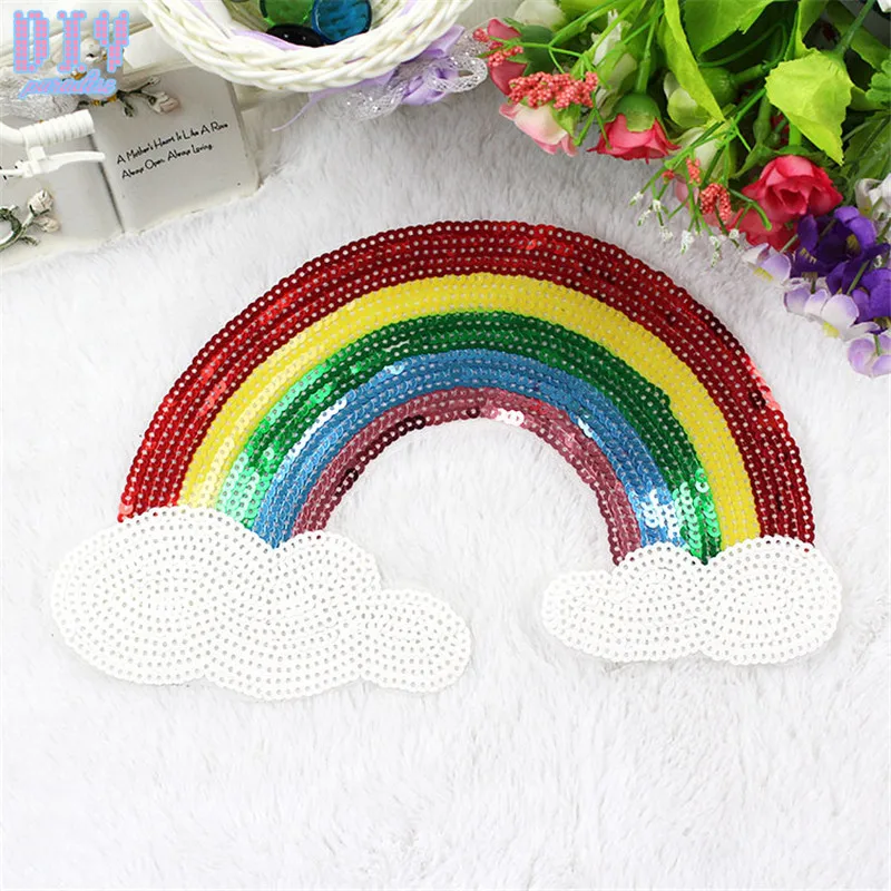 

Fashion Rainbow Sequins Embroidered Sew On Patches Paillette Applique Badge Fabric Bag T-shirt Sewing Crafts DIY