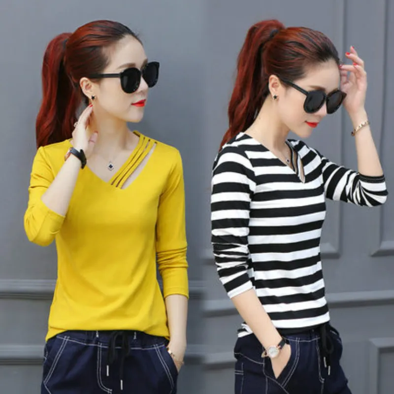 

Korean version of the loose striped t-shirt female off-the-shoulder wild long-sleeved women's bottoming shirt trend shirt