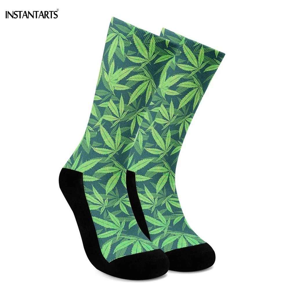 

INSTANTARTS 3D Green Hemp Weed Leaves Pattern Woman Man Sports Socks Compression Outdoor Athletic Socks Running Mountain Socks