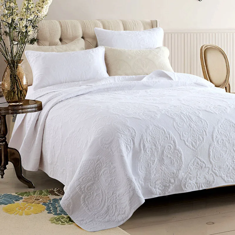 Embroidered Bedspread Quilt Set 3pcs Coverlets Cotton Quilts Simple Solid Bedding Quilted Bed