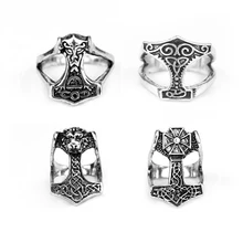Norse Viking Myth Thor Hammer Ring Stainless Steel Jewelry Knot Ring Animal Amulet Biker Men Ring Wholesale norse vikings amulet pendant necklaces hammer of thor mjolnir pendants sweater chain necklace animal wolf head viking jewelry