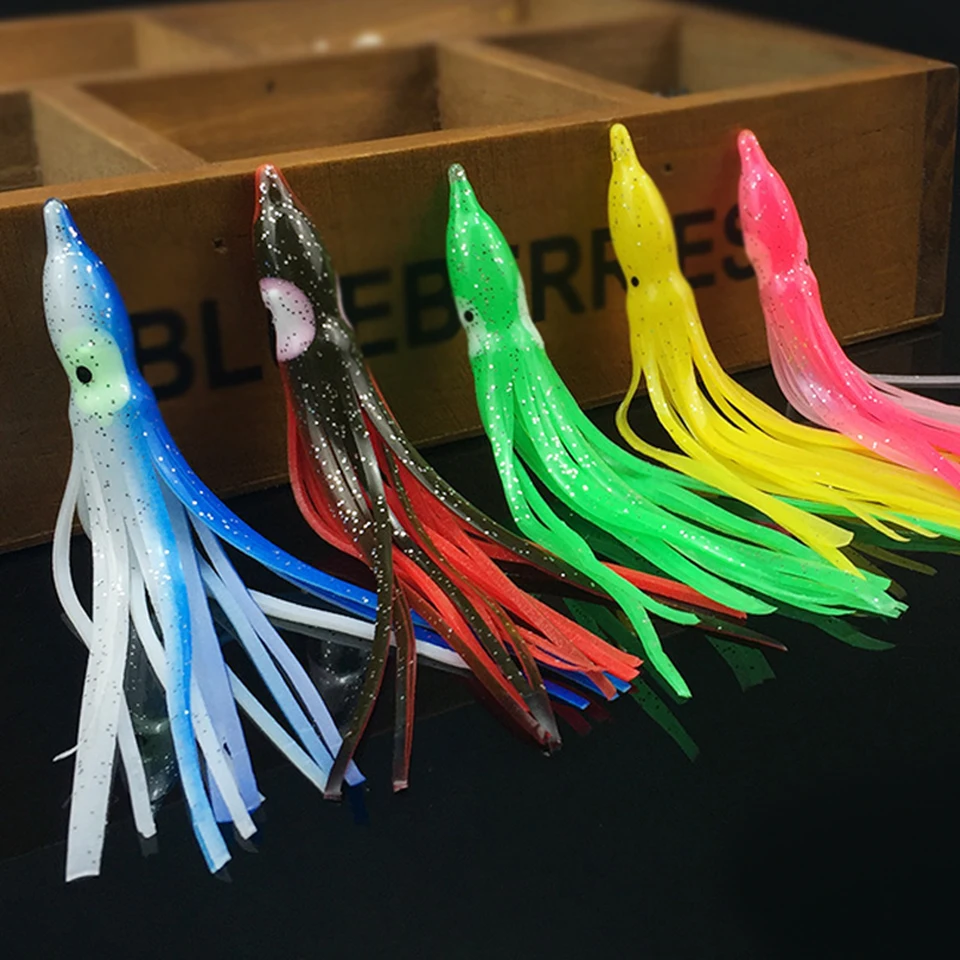 Buy 5pcs 8g 10cm Saltwater White Fishing Lure Squid Octopus Skirts Lures Tackle Glow Luminous Bait Fishing