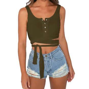 

Women Cotton Solid Blouse Females Sleeveless Sexy Top shirt Girls Button Neck Bandage Top Strapless Summer Vest blusa feminina