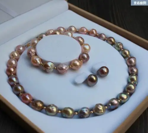 

huge 13-15mm south sea baroque multicolor pearl necklace &bracelet&earring set