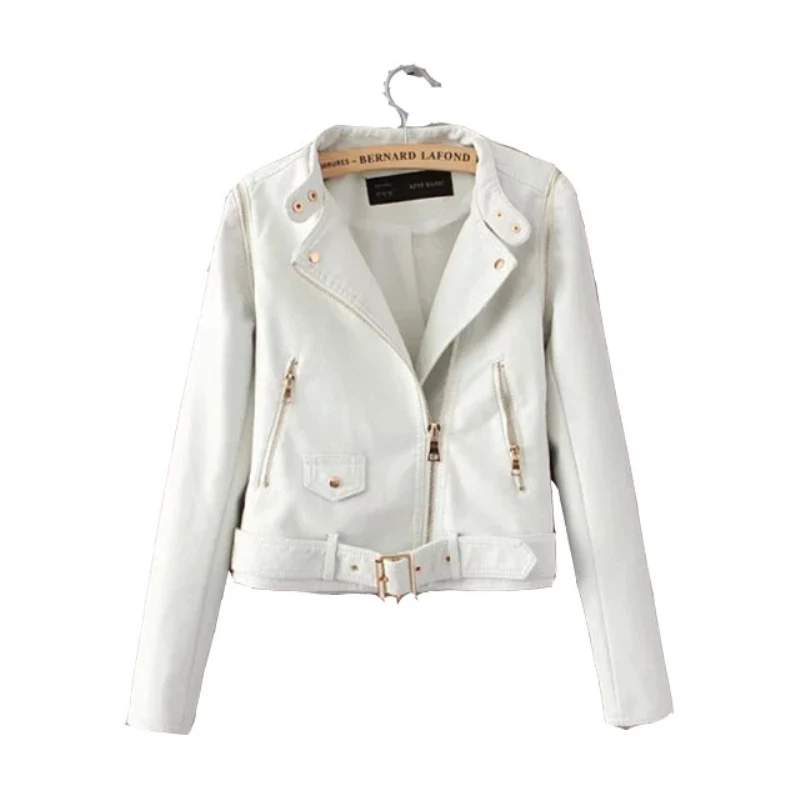 

Women Fashion Leather Jacket Long Sleeve Coat PU Leather with Belt Lady Removable Outwear Jacket JK174