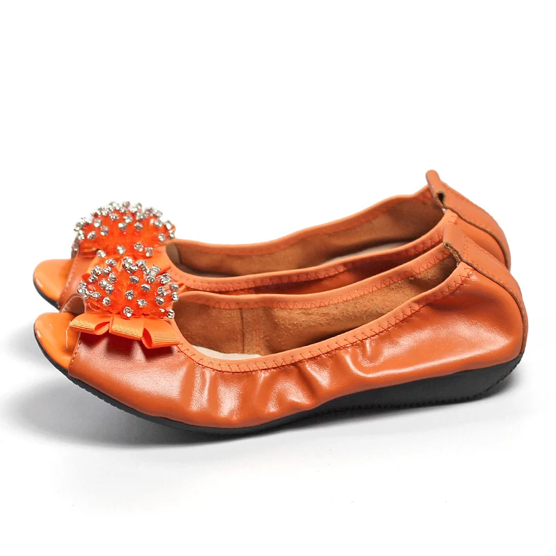 

Super Soft Genuine Leather Flats Sweet Lady Comfort Bowknot Decorative Shallow Mouth Pregnant Rhinestone Open Toe Sandals