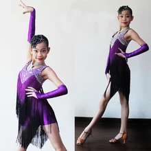 Girls Latin Dance Costumes 2017 New Design Diamonds Tassel Tango Runba Sumba Latin Competition Skirt Children Dance Wear