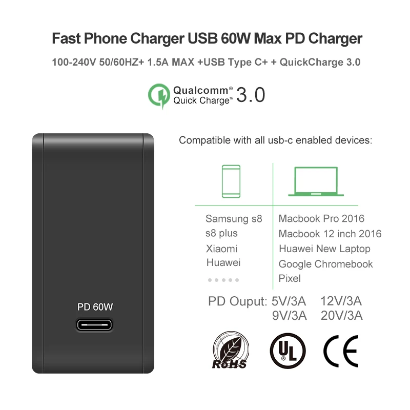 Yojock 60W USB Type-C Wall Charger Power Adapter with Power Delivery for Apple MacBook/iPhone X/8 P