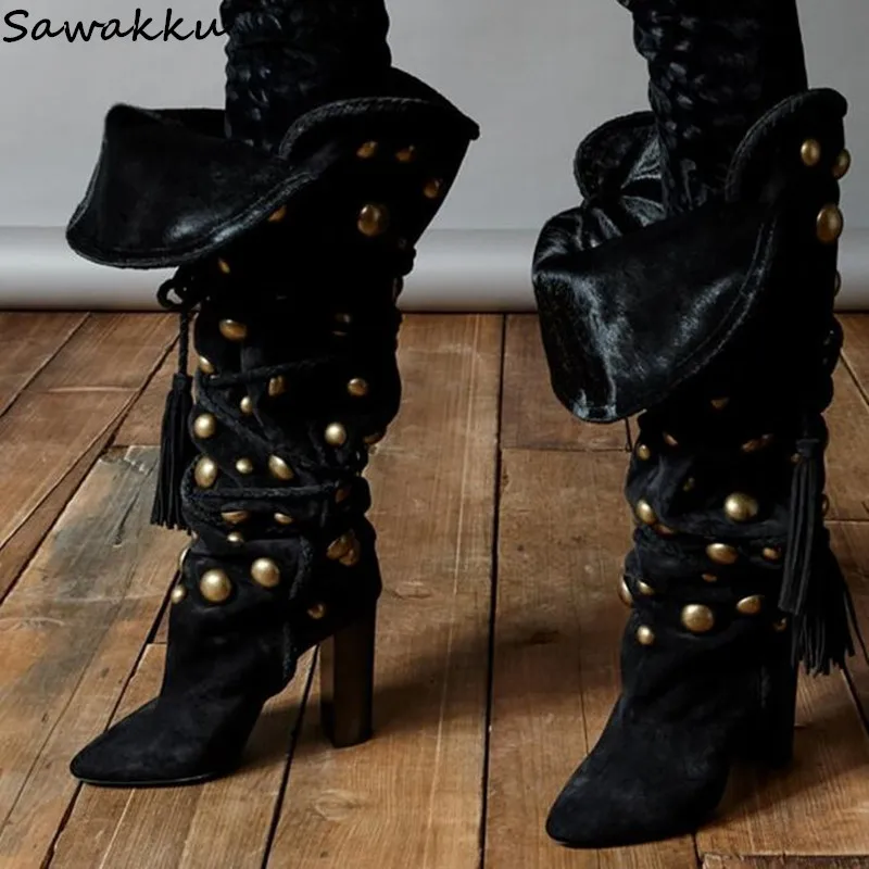 

Top Quality Designer Women Long Boots Pointed Toe High Heels Knee High Booties Metal Decor Lace Up Tassel Shoes Chaussure Femme