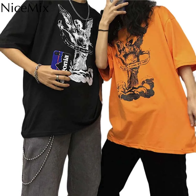 

NiceMix new fashion black Streetwear Angel Letter Print Women T-shirt Summer Short Sleeve Loose T Shirt Female Causal Tee Tops