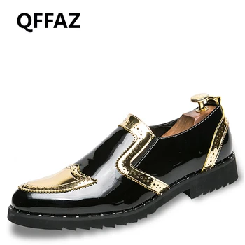 

QFFAZ New High Quality Luxury Brand Slip On Men Casual Shoes Patent Leather Flat Lace-Up Oxford Men Dress Shoes Wedding Shoes