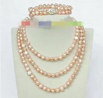 

Free Shipping >> new hot 49" 8" 8-9mm baroque pink pearls necklace 2row bracelet set j8478