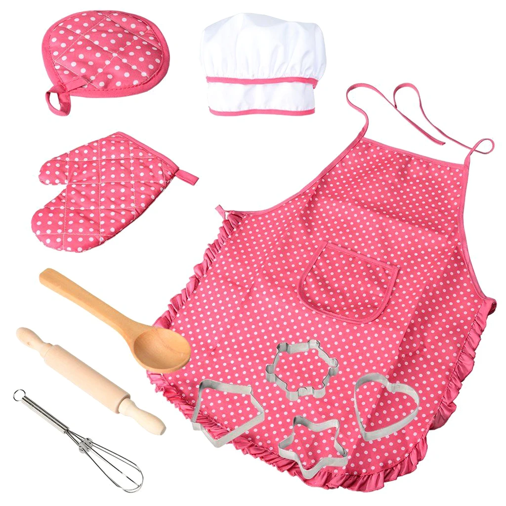 11pcs Kitchen Cooking Set Chef Apron Cap Glove Props, Whisk Cake Molds Tools Kit Toy Kids Development Educational Pretend Play
