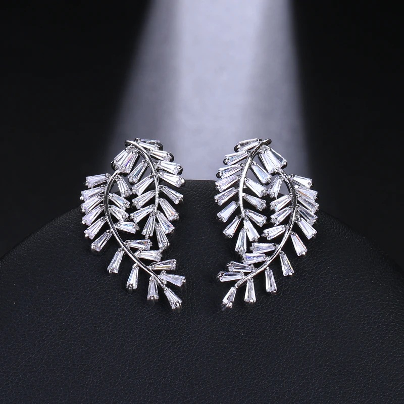 Emmaya Luxury Two Feather Leaf Climber Stud Earrings AAA Cubic Zirconia For Women Girls Wedding Party Gifts Jewelry | Украшения и