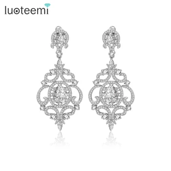 

LUOTEEMI New Style Statement Luxurious Big Dangle Micro Paved CZ Crystal Flower Drop Earrings for Women Bridal Wedding Brincos