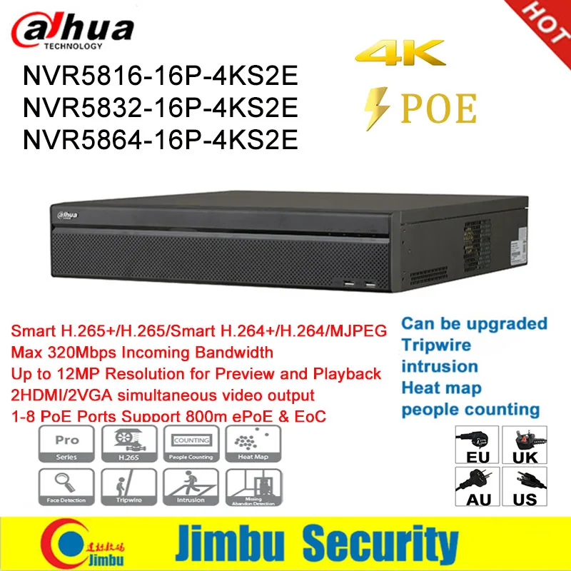 

Dahua NVR NVR5816-16P-4KS2E NVR5832-16P-4KS2E NVR5864-16P-4KS2E up to 12MP Max 320Mbps 1-8 PoE Ports Support 800m ePoE & EoC