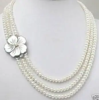 

shipping>>>>Rare Elegant 3row 7-8mm white cultured pearl necklace shell clasp