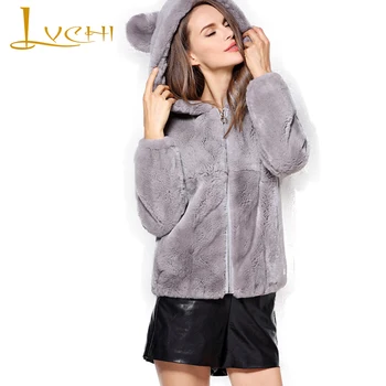 Preise LVCHI Winter2017 Reale Natürliche Rex Kaninchen Pelzmantel Frauen Mit Pelz Kapuze Langarm Verursachend Dünn Mit Hut Rex Kaninchenfell Mäntel