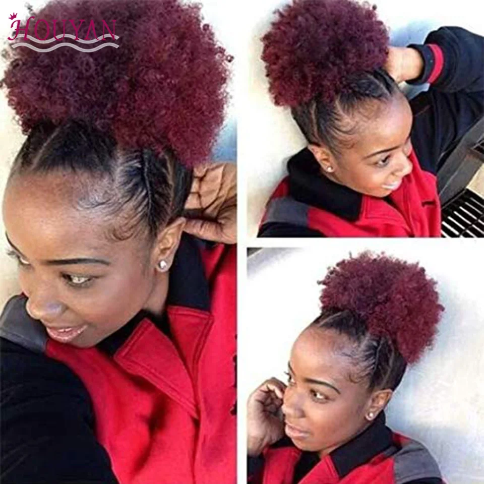 HOUYAN 8 Inch Short Kinky Curly Drawstring Bun Afro Black Red African American Hair 1pc Synthetic | Аксессуары для одежды