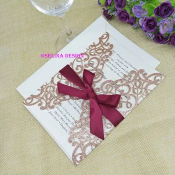

2019 Luxury Glitter Laser Cut Wedding Invite With Burgundy Bow Blue Gold Silver Champagne Invitations for Anniversary Graduation