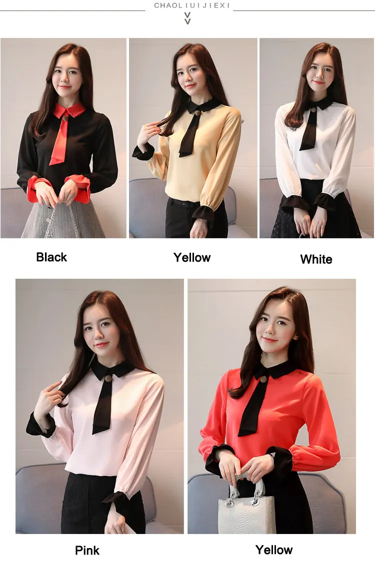 Women Blouses New 2019 Casual Autumn Shirt Elegant Bow Long Sleeve Tops Patchwork Chiffon Blusas Mujer OL Office Blouse (1)