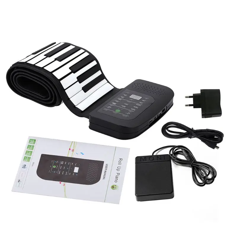 

Portable 88 Keys Keyboard Piano Silicone Roll Up Hand-rolling Piano with Battery EU plug 30 songs Black