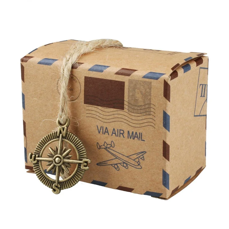 

50pcs Vintage Via Air Mail Global Paper Candy Box with Metal Compass Global envelope Cake Box Bomboniera Sachet Wedding decor