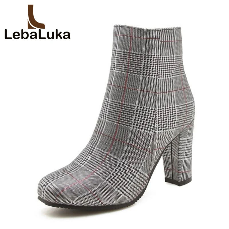 

Tuyoki Size 32-45 Women High Heels Boots Fur Winter Warm Ladies Shoes Plaid Thick Heels Ankle Boots Classic Short Boots