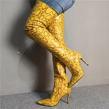 

Fashion Yellow Snakeskin Over The Knee Boots Womens Snake Prints Crotch Thigh High Heeled Boots Thin Heels Party Shoes Woman
