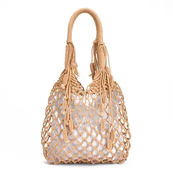 

Women Tassels Handbag 2019 New Hollow Mesh Woven Bag Mori Straw Bag Holiday Cotton Rope Net Beach Bag with Lined