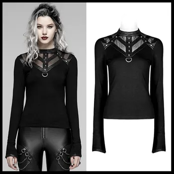 

PUNK RAVE Women Hallow Out Sexy Gothis T-shirt Fashion Long Sleeve Women Daily Punk Shirt