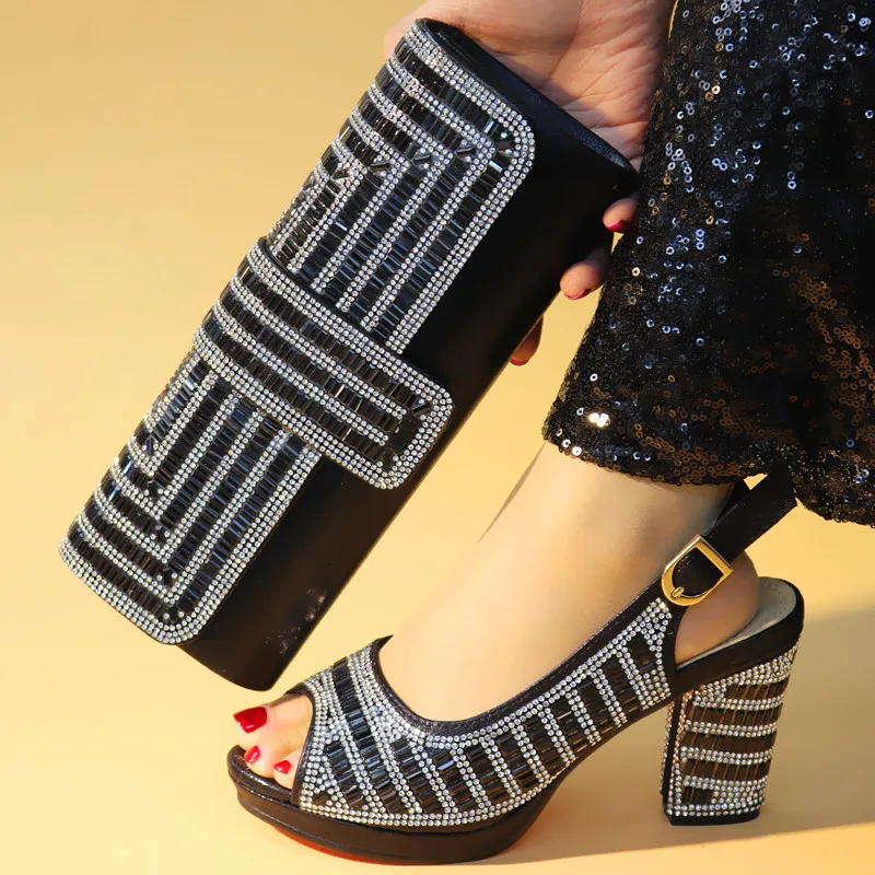 

New Arrival Black Color Ladies Matching Shoes and Bag Sets Decorated with Rhinestone African Women Wedding Shoes and Bag Sets