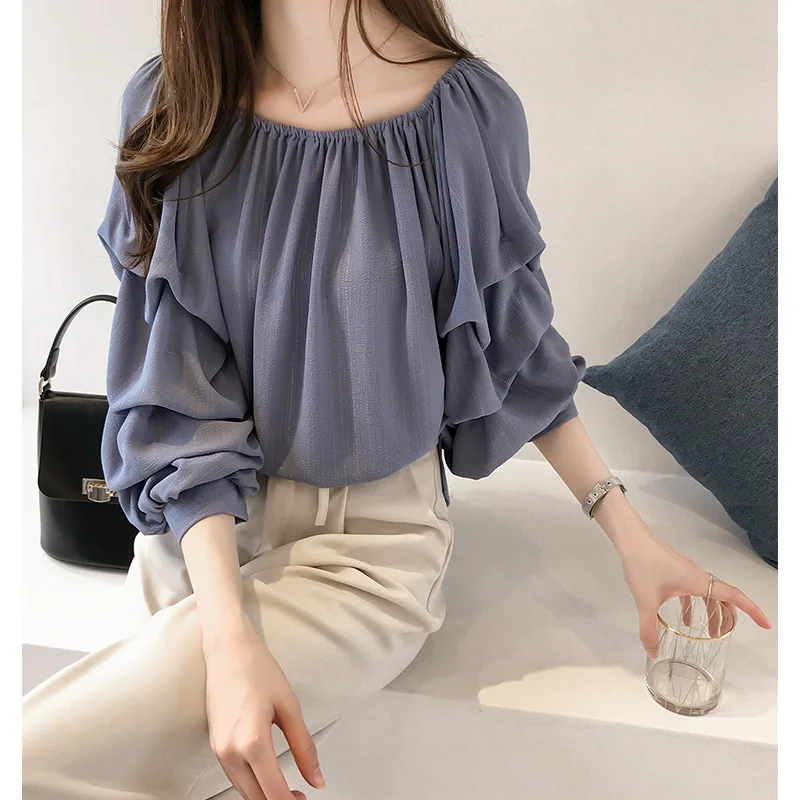 Summer new Korean version of a word collar shoulder loose chiffon shirt elegant long-sleeved blouse woman |