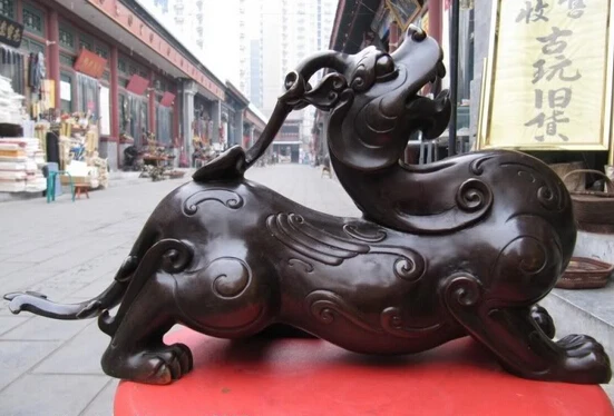 

Collectible bronze lion statue S0196 China Bronze Copper Feng Shui Evil Door Foo Dog Lion Pi Xiu Brave troops Statue B0403