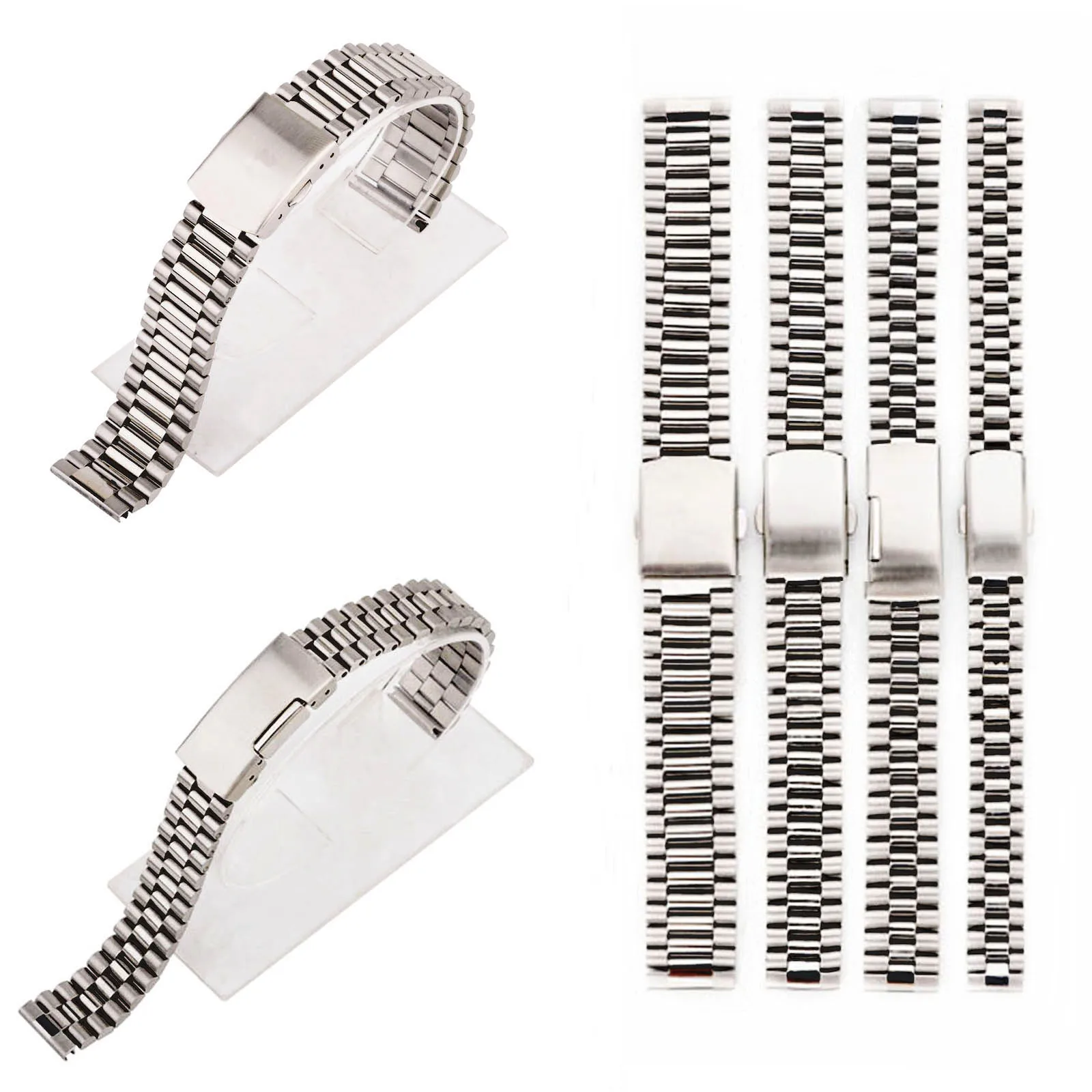 12/14/16/18mm Watchbands Silver Stainless Steel Watch Strap Band Fold Clasp Push Button Wrist Replacement Mens Relojes Hombre