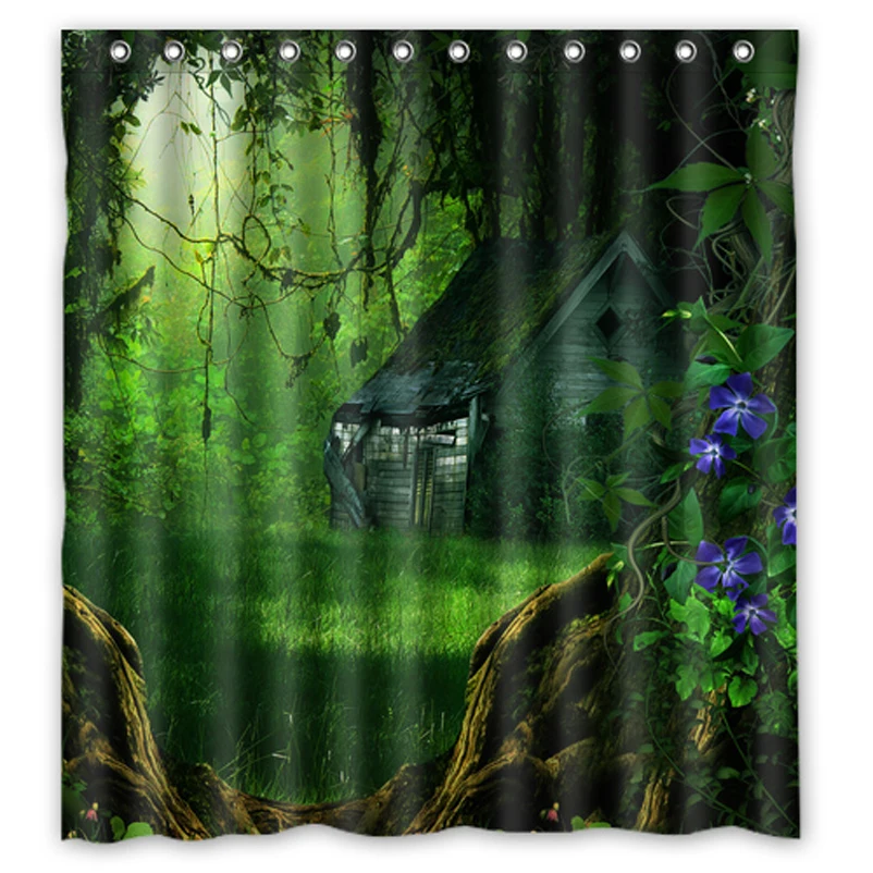 Trees Forest Flowers Building Green Custom Curtains Design Bathroom