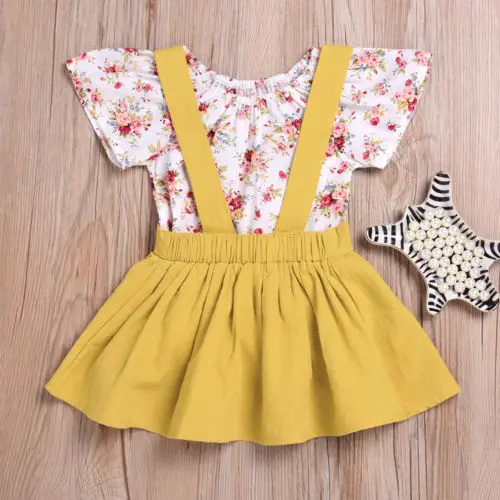 

Flower Baby Kids Girls Long Sleeve Romper Tops+Suspender Skirt Overalls Sundress 2PCS