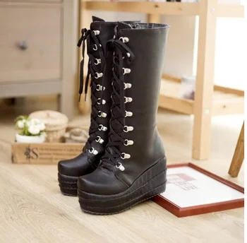 melhor A Forma Das Mulheres Meados De Bezerro Botas De Cunha Plataforma Goth Punk Combate Militar Botas De Cunha Rendas Até Sapatos Cos C307