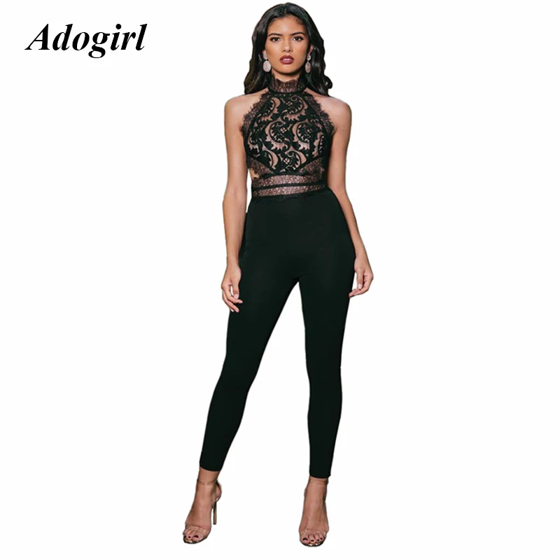 

Adogirl Sexy Lace Patchwork Backless Jumpsuit Women Casual Sleeveless O Neck Bodycon Romper Elegant Night Party Skinny Overalls