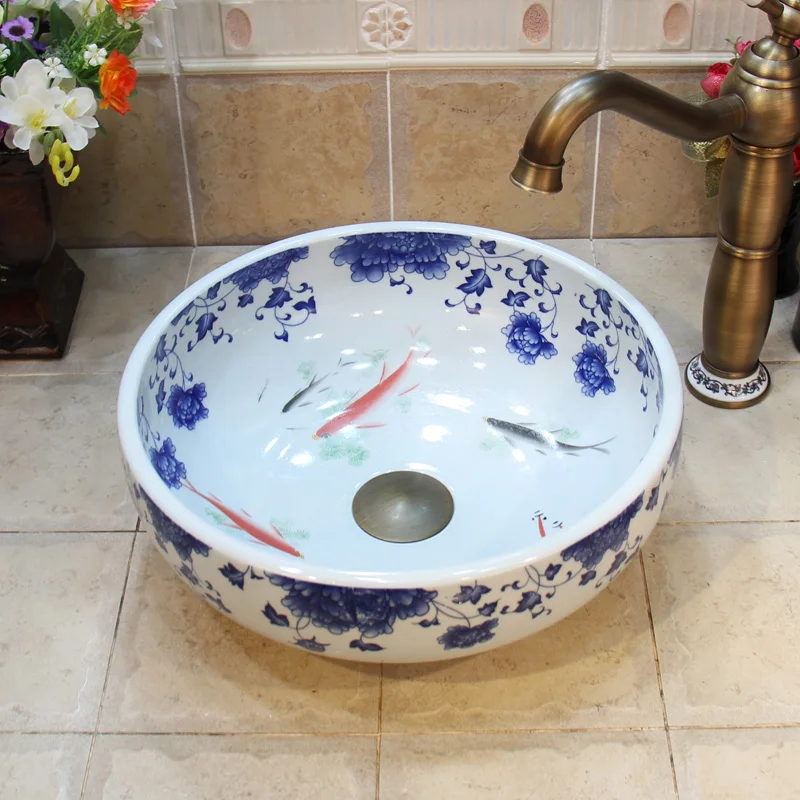 Small size chinese blue white porcelain bathroom sinks wash bowl basins