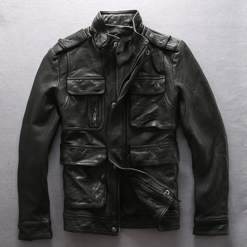Классическая Alpha M65 кожаная куртка со стоячим воротником из натуральной овчины мужская приталенная черная мотоциклетная куртка