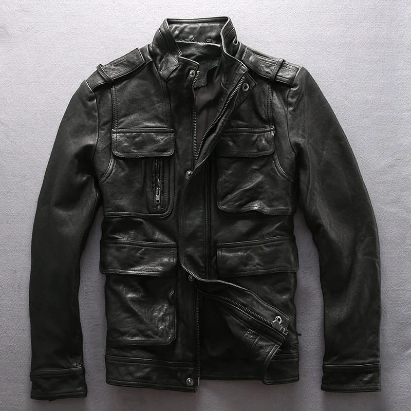

2017 Classic Alpha M65 Leather Jacket Stand Collar Sheepskin Genuine Leather Jacket Men Slim Fit Black Motorcycle Coat