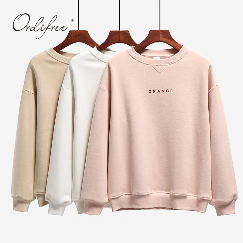 Ordifree Autumn Winter Women Hoodies and Sweatshirt Warm Fleece Letter Print Casual Sweatshirt Pullover