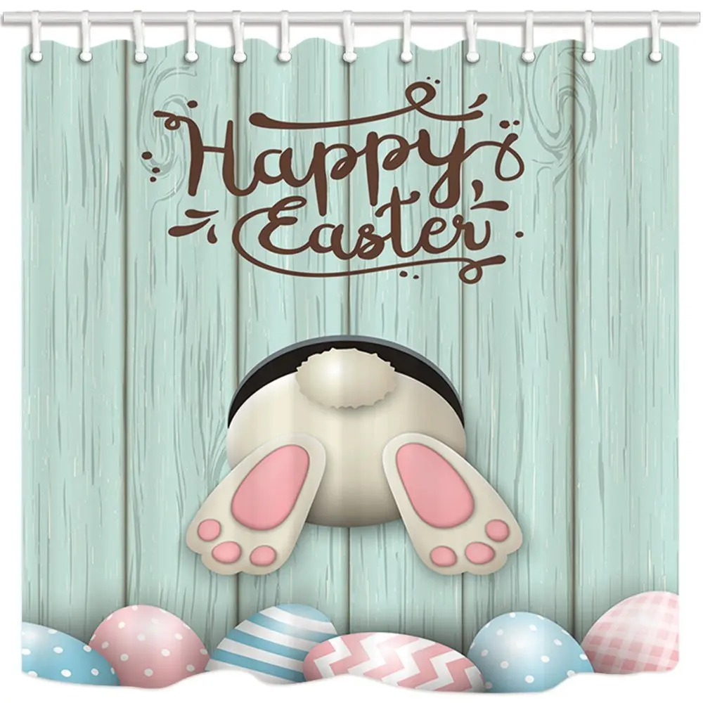 

Cartoon Shower Curtain Funny Rabbit Wooden Boart Easter Egg Pysanka Osterei Waterproof Polyester Fabric Bathroom Curtain