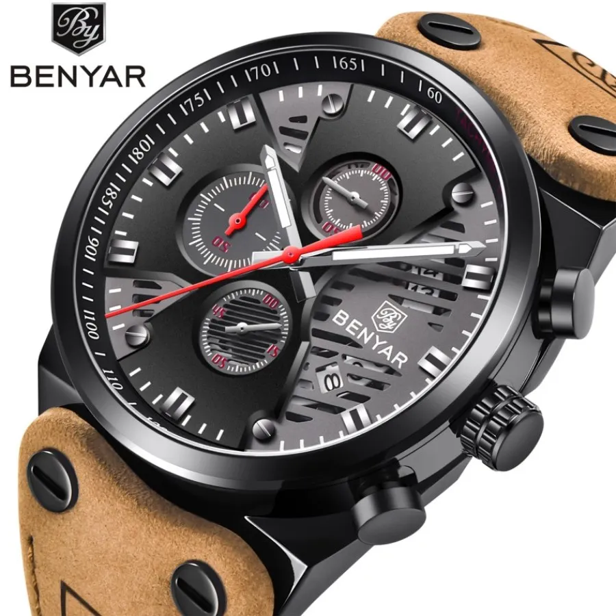 

2019 New Mens Watches Reloj Hombre Top BENYAR Brand Quartz Leather Waterproof Watch Clock Men Relogio Masculino Erkek Kol Saati